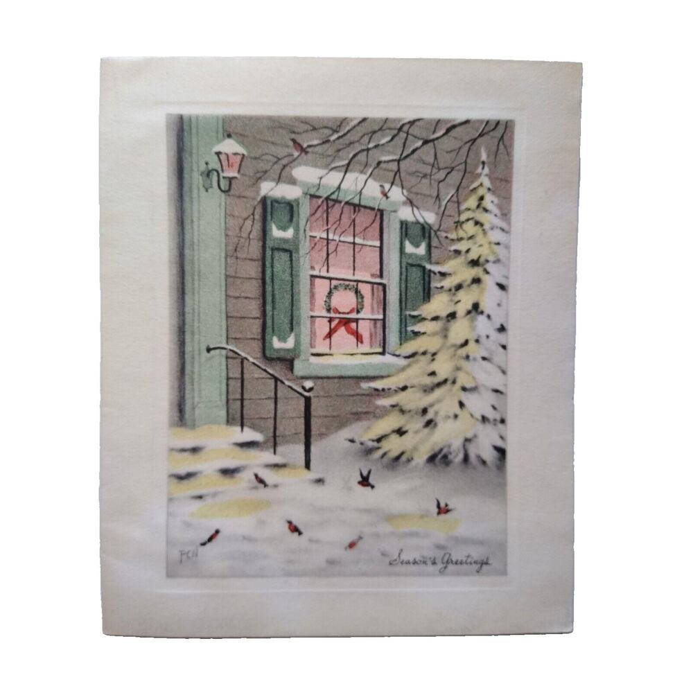 Christmas Season Greeting Card Vintage 1946 Glitter Home Robins Snow Tree PCN